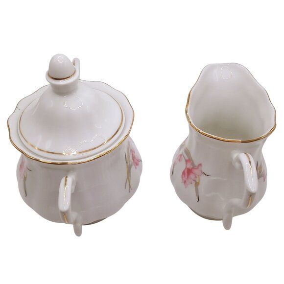 Walbrzych Poland Sugar Bowl Creamer Set Porcelain Gold Trim Floral Design VTG - Picture 5 of 12